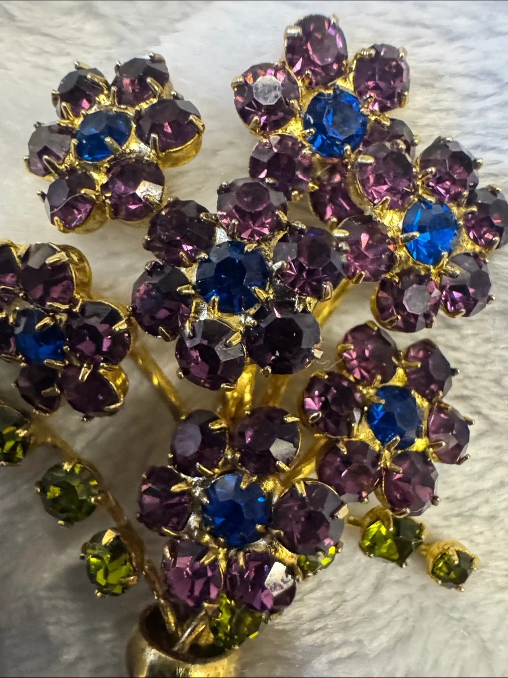 Napier 1960’s Gold-Tone Floral Crystal Bouquet Brooch - Purple, Blue & Green